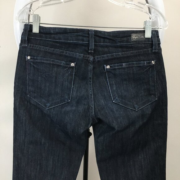 PAIGE Denim Dark Wash BEL AIR Classic Rise Boot Cut 5 Pocket Logo Hardware Jeans - Picture 8 of 12